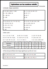 Opérations sur les nombres relatifs - Correction